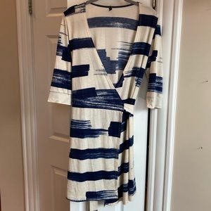 Wrap dress with abstract cream and blue pattern